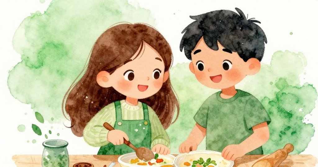 Mia and Liam joyfully adding ingredients to the hot pot