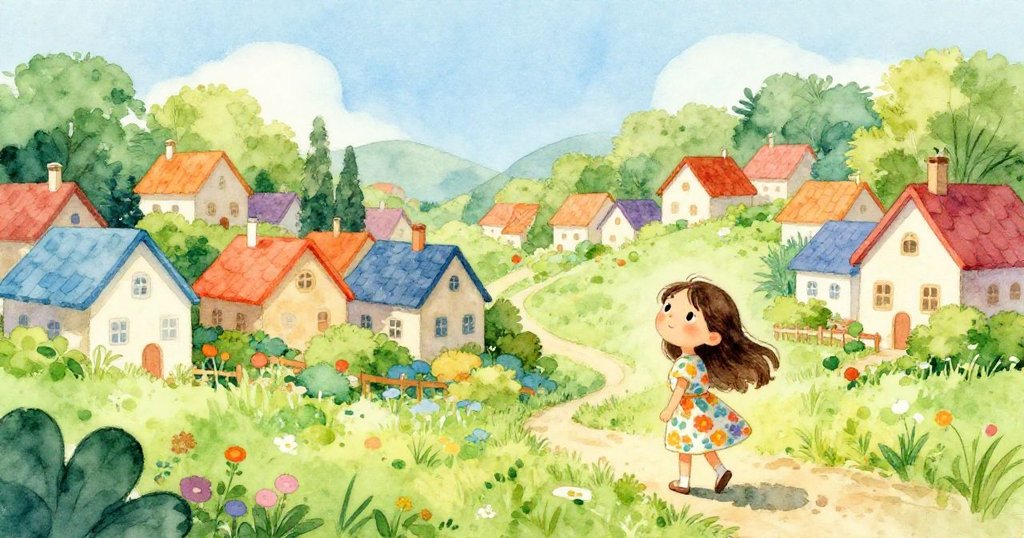 Young girl Mia in a colorful village, determined to grow her garden - whimsical watercolor illustration