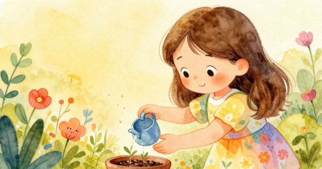 Mia watering her garden seeds with joy - close-up whimsical illustration