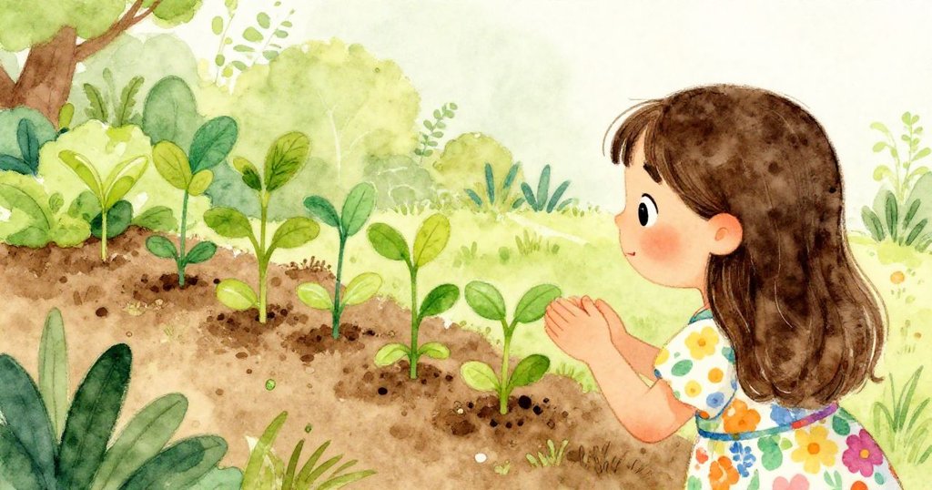 Mia joyfully observing her garden sprouts - mid shot whimsical illustration