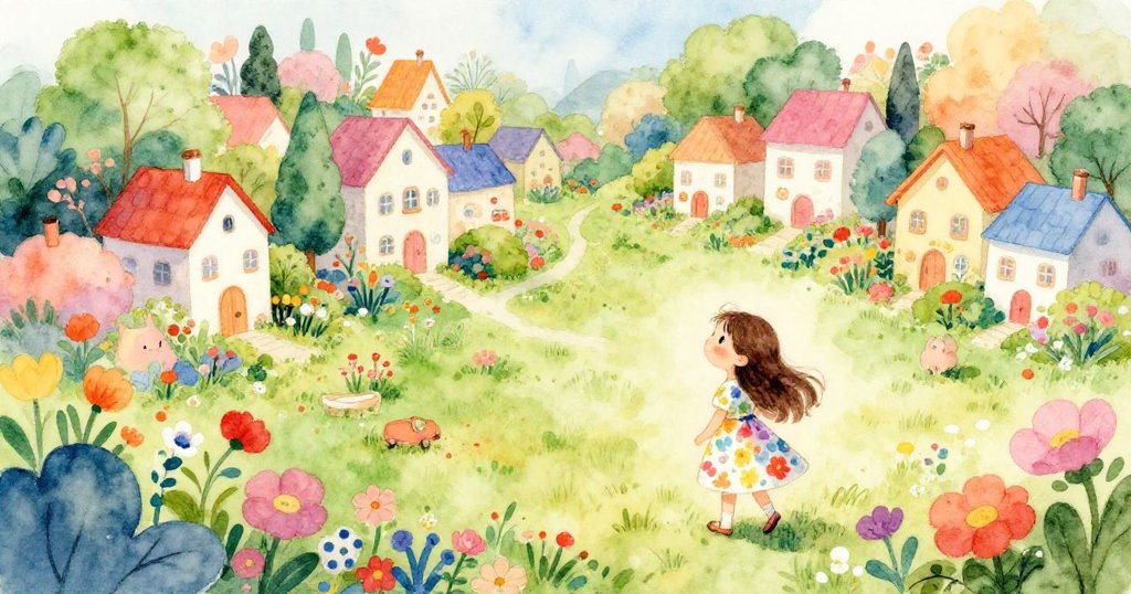 Mia proudly standing in her blooming garden, inspiring her village - wide whimsical illustration
