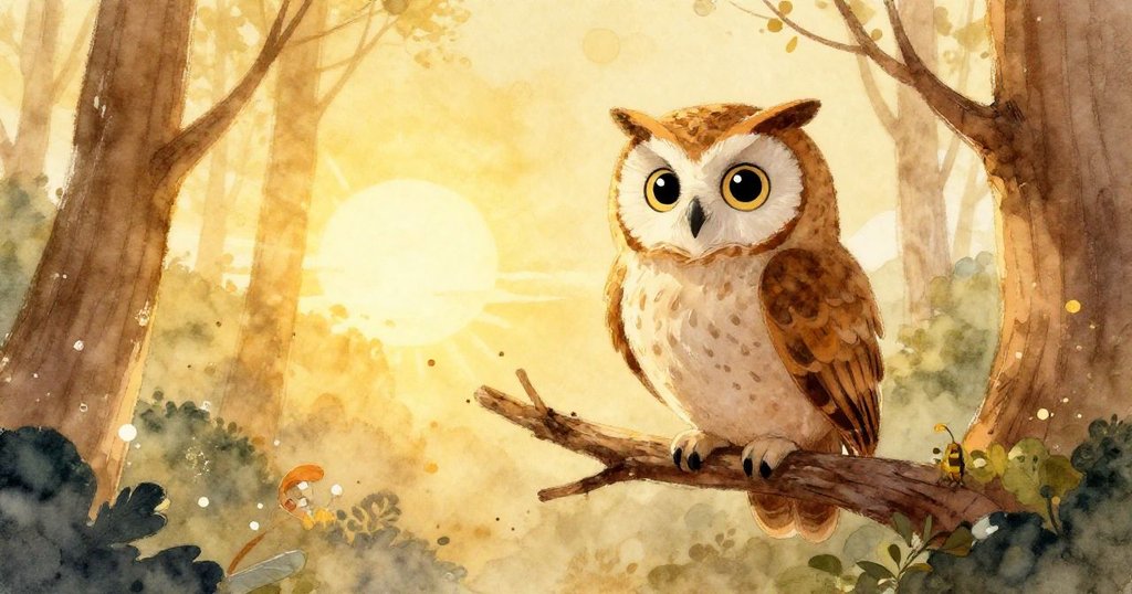 Wise owl perched on branch during golden sunset - serene watercolor illustration