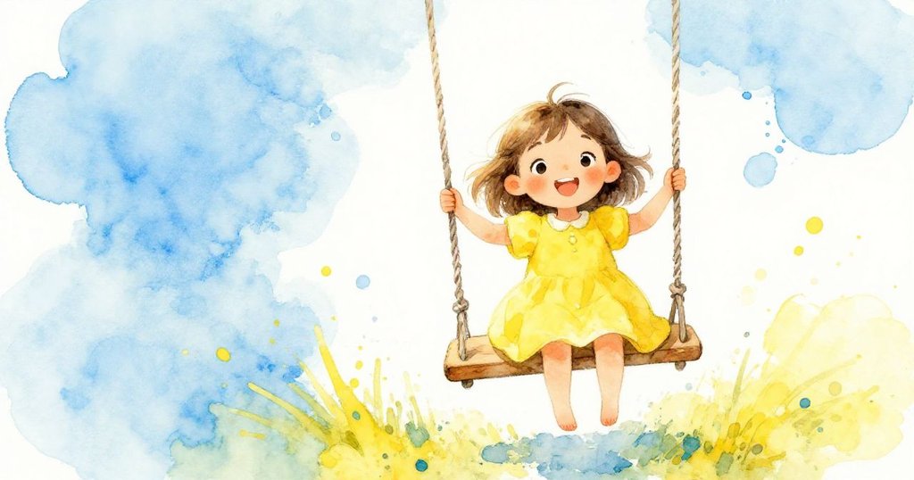 Young girl joyfully running towards swing in forest - vibrant watercolor illustration