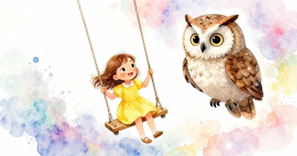 Girl and wise owl swinging together in magical forest - enchanting watercolor scene