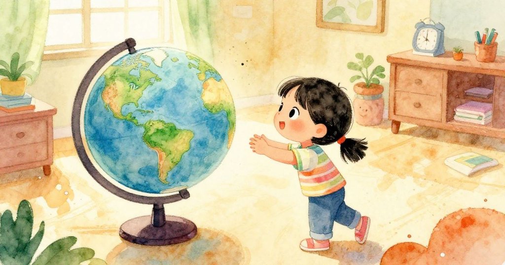 Young girl dreaming of mastering English, cozy room illustration