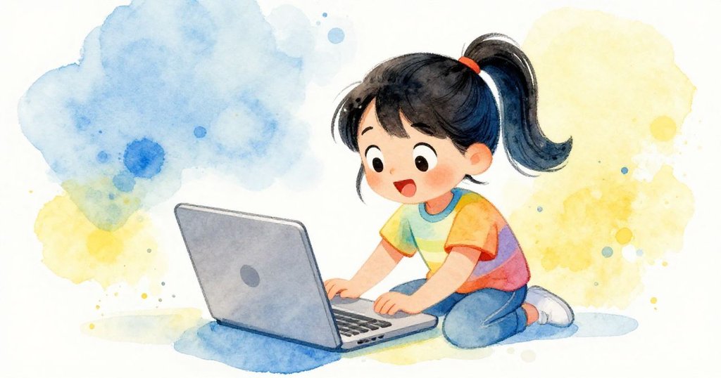 Girl engaged in online English learning, cheerful study space illustration