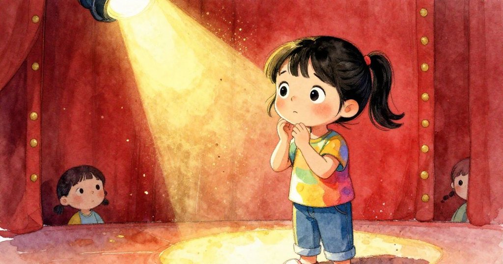 Girl anxious on stage before competition, close-up illustration