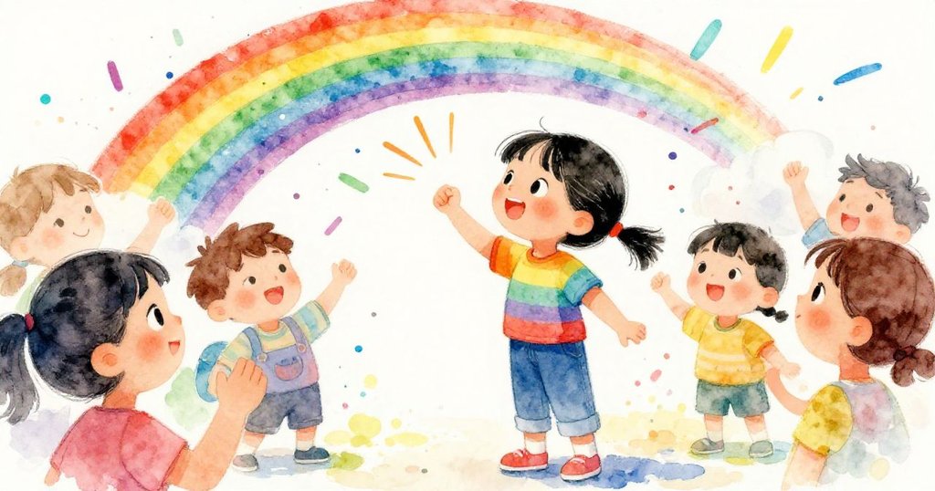 Girl celebrating after speech competition, joyful wide illustration