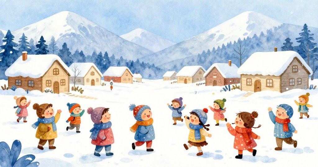 Village in winter with joyful villagers and snow-covered mountains.