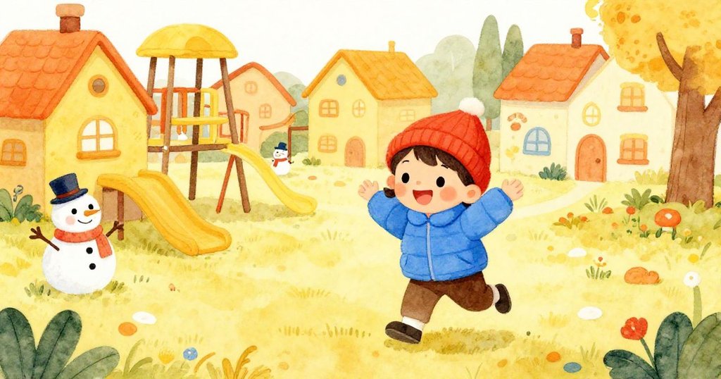 Child joyfully running outside to play in the village.