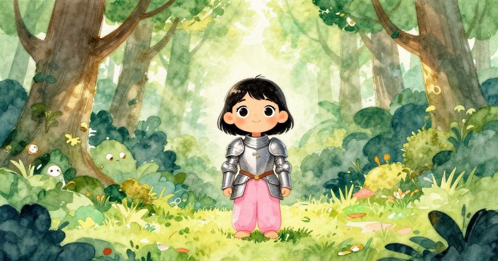 小女孩化身骑士站在森林前 - 冒险插图