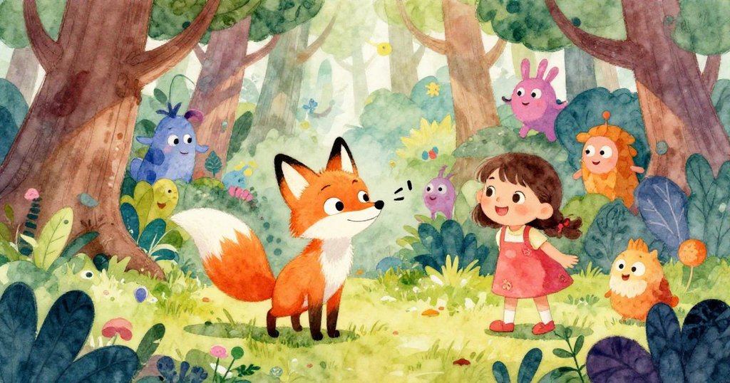 小女孩与会说话的狐狸在神秘森林中冒险 - 奇幻插图