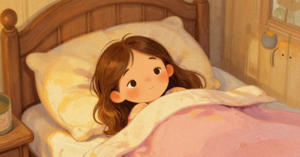 Mia waking up in bed with sunlight streaming in - cozy illustration