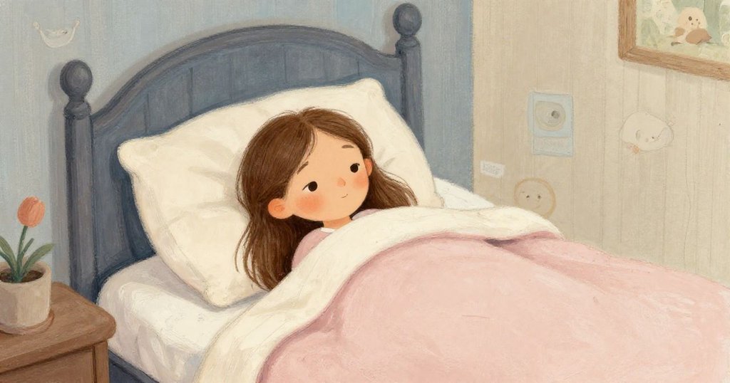 Mia relaxing in bed, eyes closed and peaceful - serene illustration