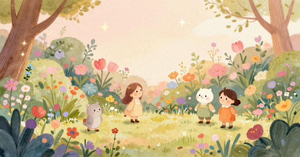 Dreamy garden in full bloom with soft sparkles - magical illustration