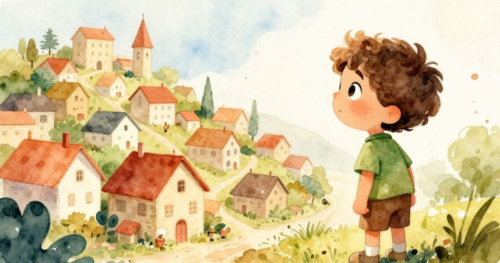 Curious boy Leo gazing at his village - warm watercolor illustration