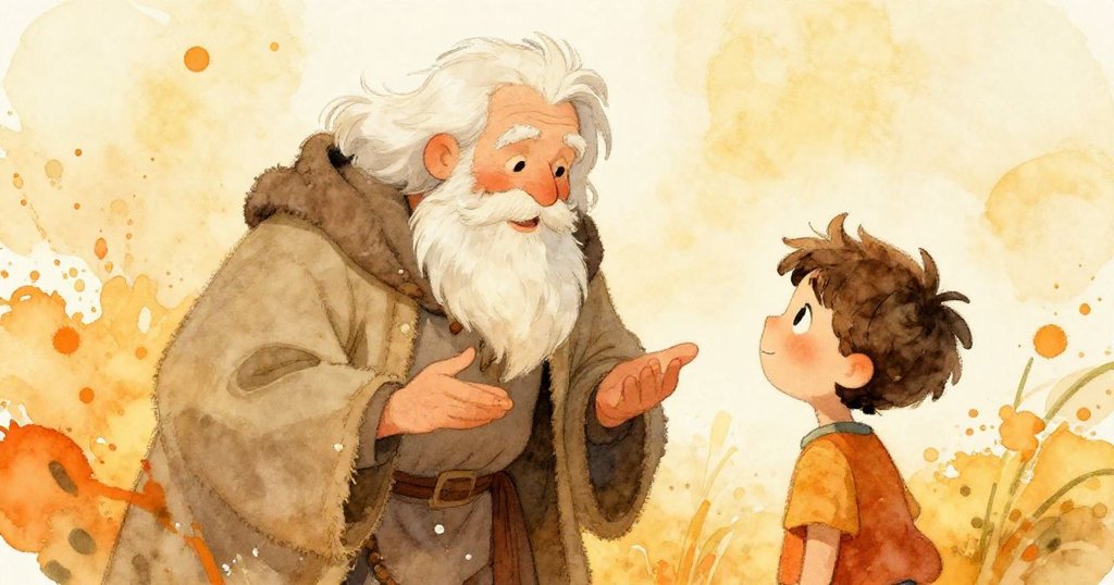Wise traveler sharing insights with Leo in a forest - warm mid shot illustration