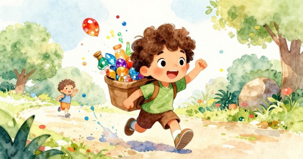 Leo joyfully returning home with treasures - celebratory watercolor illustration