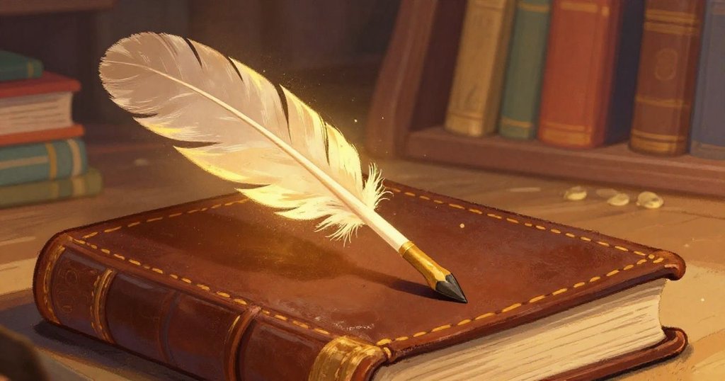 Close-up of a dusty quill resting on a leather-bound tome in a library.