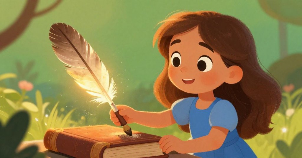 Elara brushing dust off a glowing quill in the library.