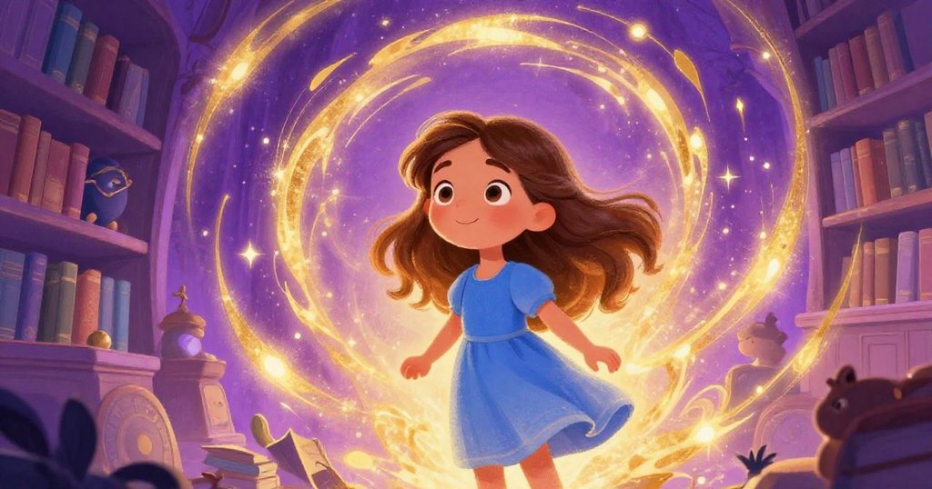 Elara surrounded by swirling magical visions in the library.