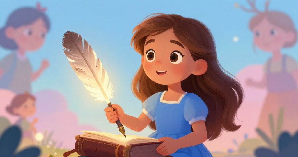 Elara holding a glowing quill, ready to create stories.