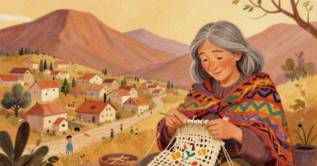 Elara weaving at her loom in a cozy mountain village