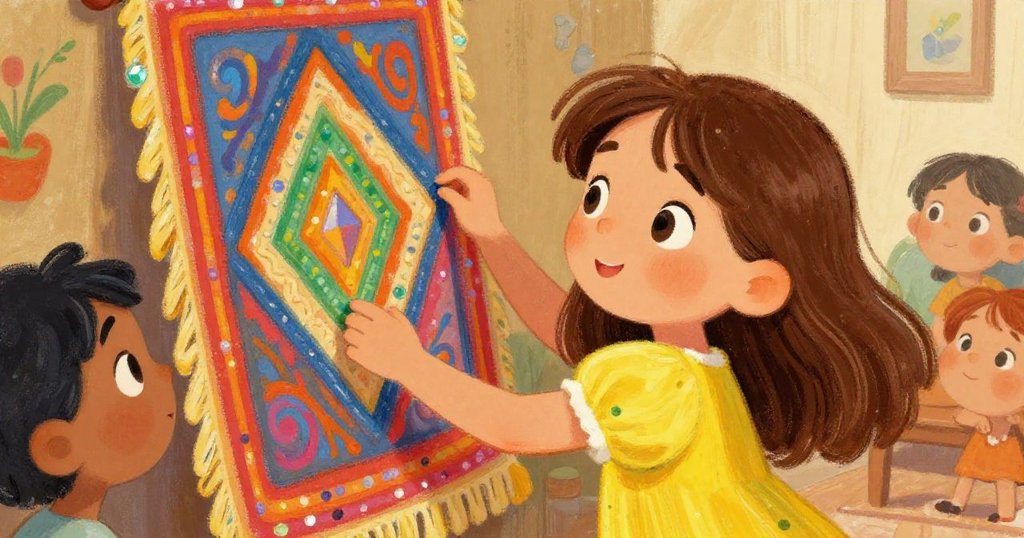 Mira gazing in wonder at Elara's vibrant tapestries