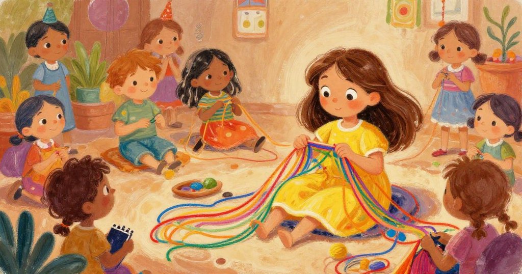 Mira joyfully weaving at her loom, vibrant colors surrounding her