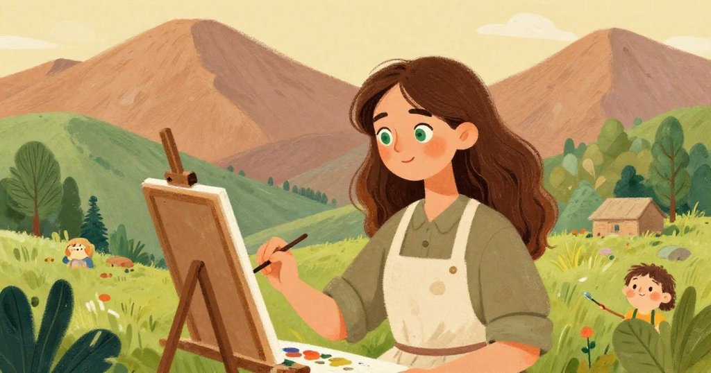 Elara painting landscapes in a cozy mountain town