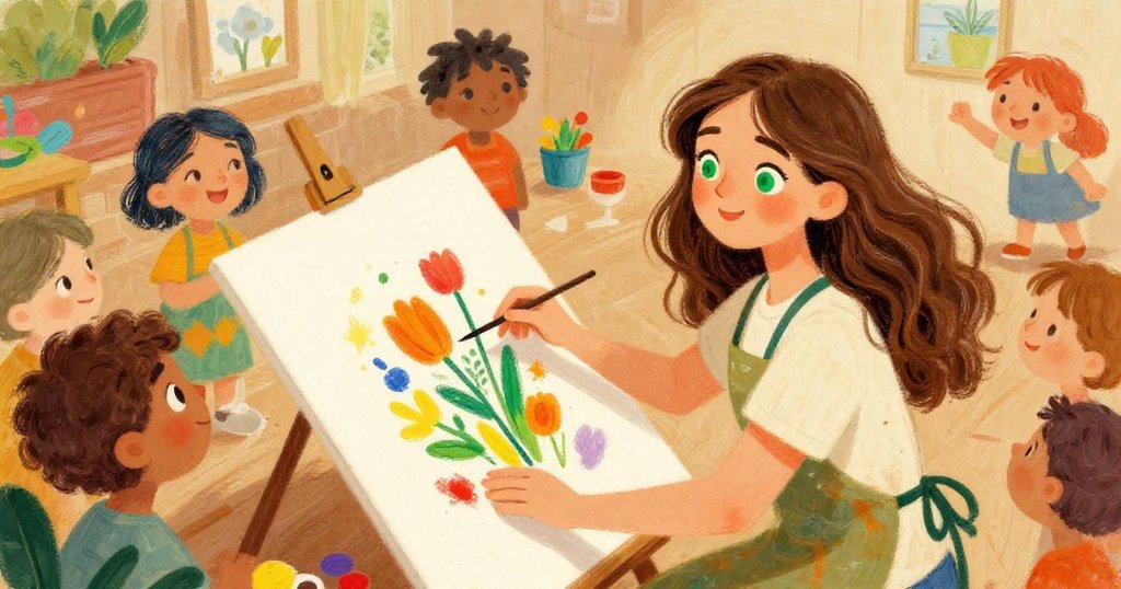 Elara proudly unveiling her artwork at the local gallery