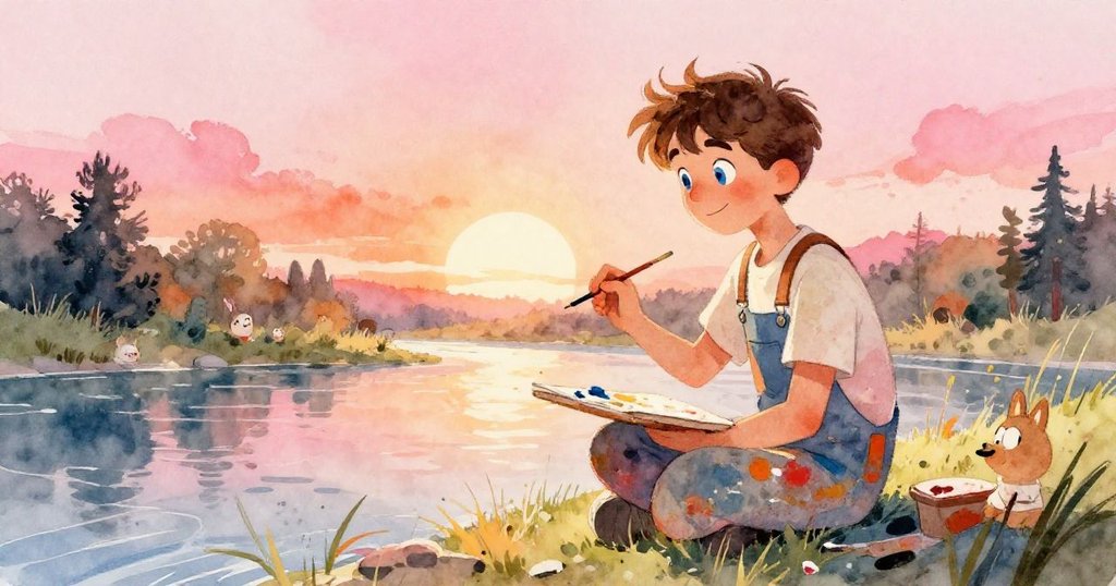 Elias painting a soft sunrise by the river - watercolor illustration