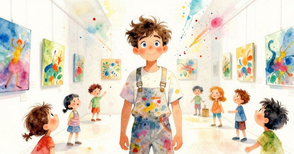 Elias at his art exhibition, captivating an audience with vibrant works - wide illustration