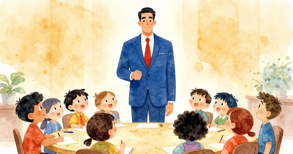 Diplomat at negotiation table, poised and confident - dramatic watercolor illustration