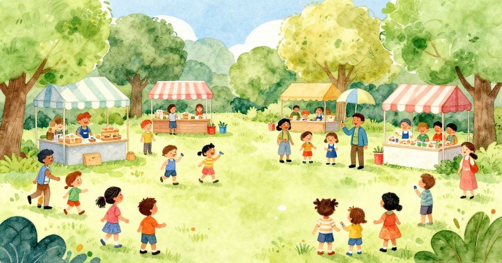 Community gathering in park to discuss park preservation - whimsical watercolor illustration
