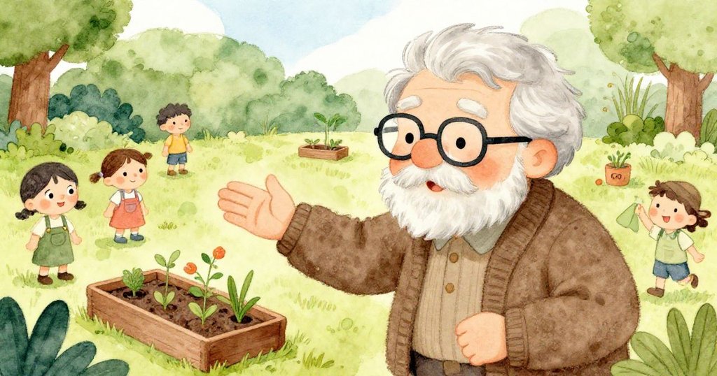 Elder proposing community garden idea during meeting - close-up illustration