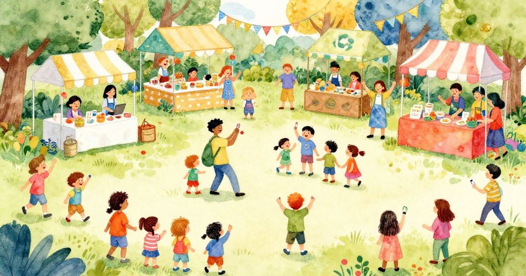 Community celebrating decision to compromise for the park - wide cheerful illustration