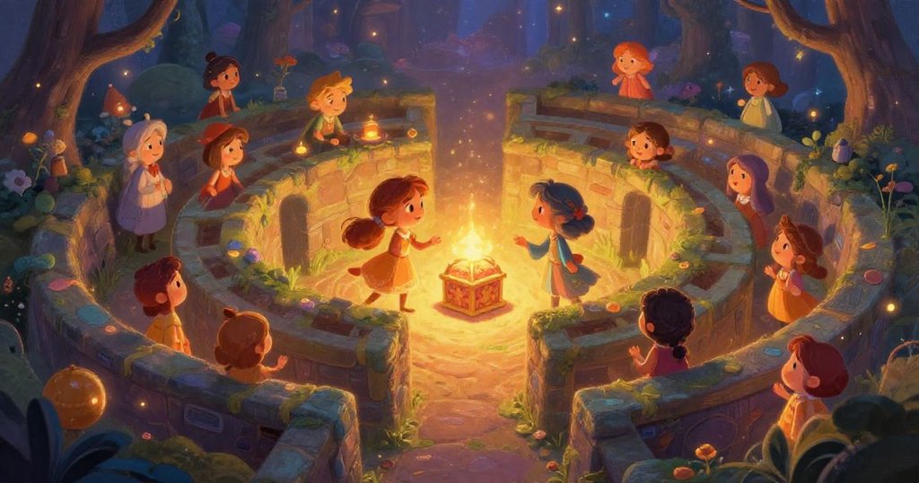 Expansive mystical labyrinth with glowing symbols - whimsical watercolor illustration