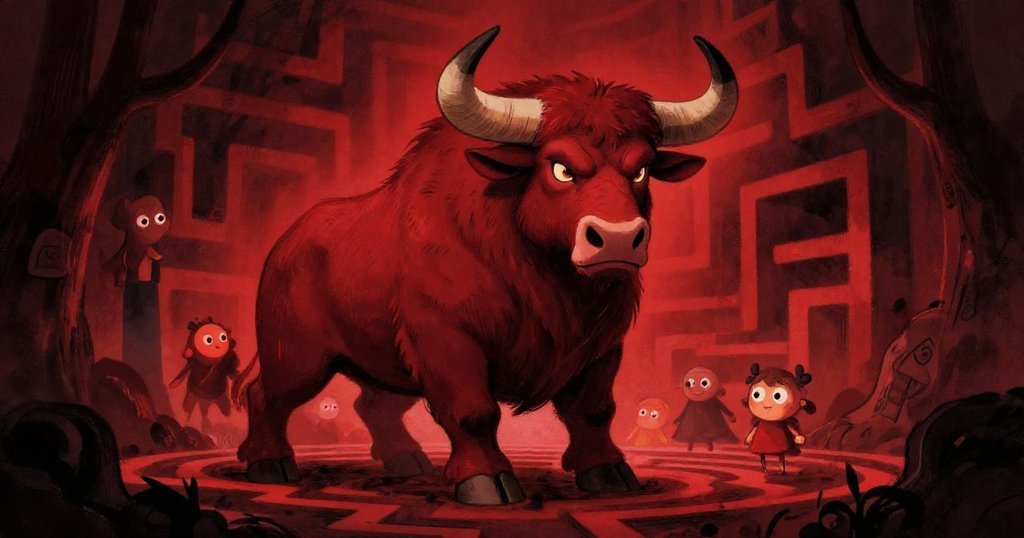 Intimidating minotaur lurking in labyrinth shadows - dramatic ink illustration