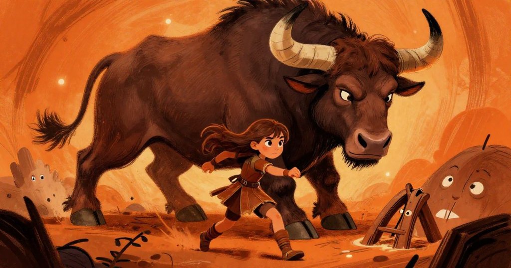 Aria outsmarting the minotaur in the labyrinth - close dynamic ink illustration