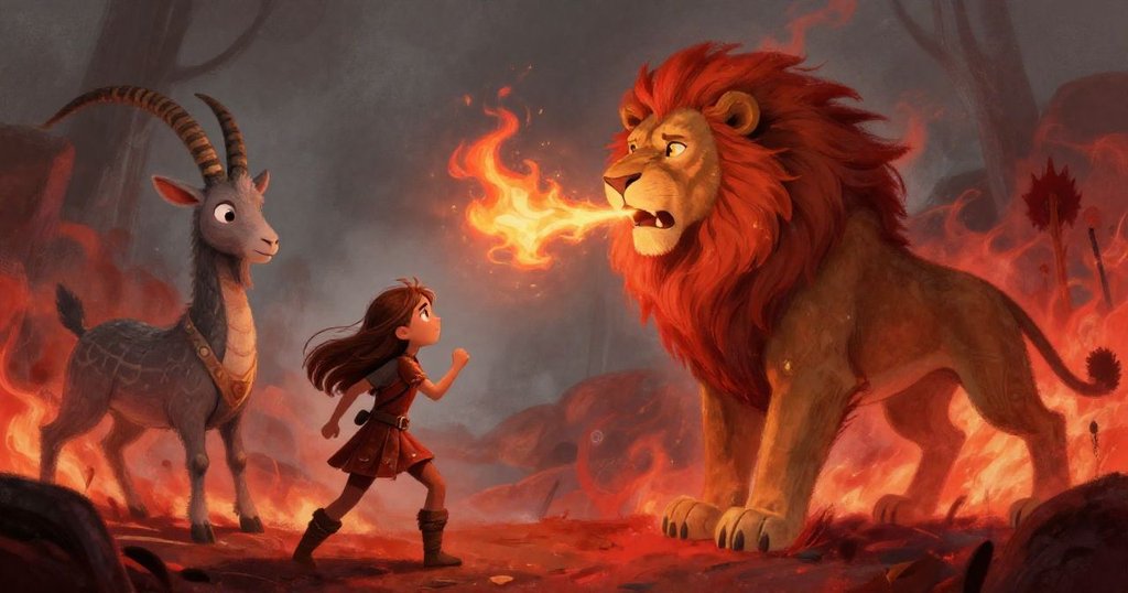 Aria facing the fiery chimera in the labyrinth - dramatic digital illustration