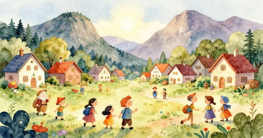 Quaint village nestled between mountains in warm watercolor illustration
