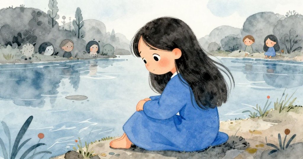 Mei reflecting by the river in a calm watercolor scene