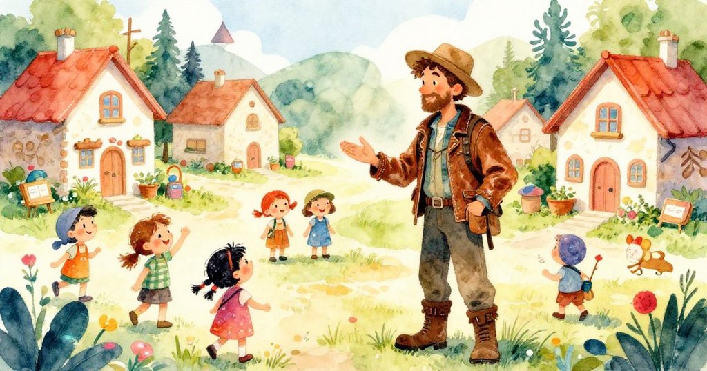 Traveler sharing tales of adventure in a vibrant village scene