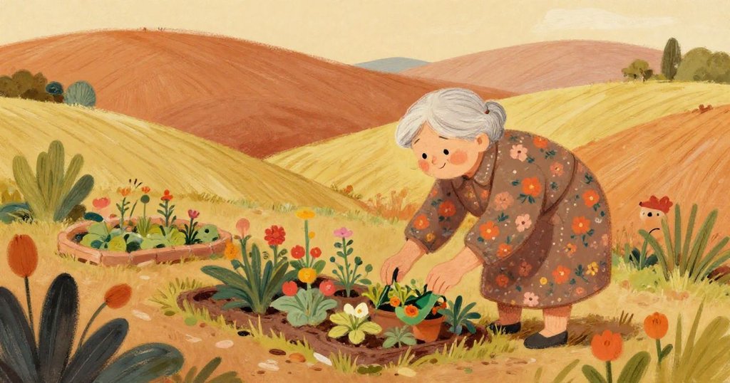 Elderly woman tending her garden in a cozy village