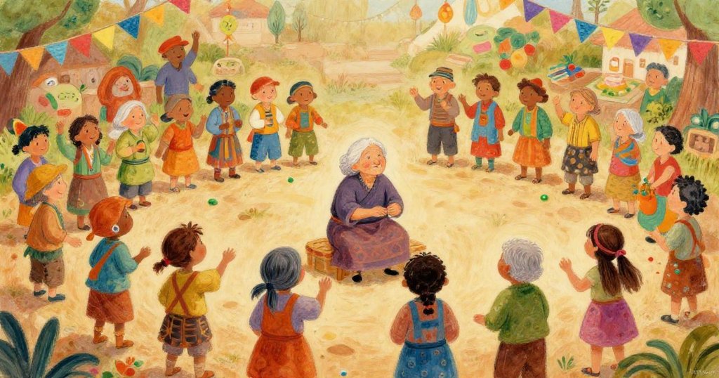 Villagers celebrating and sharing stories in a joyful gathering