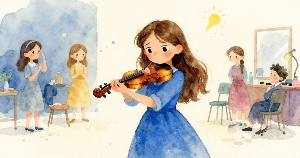 Lily looking worried while holding her violin backstage