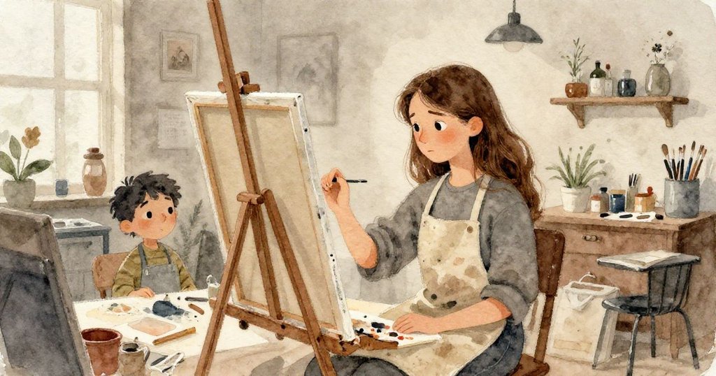 Artist Elena in her dim studio, grappling with colors - watercolor illustration