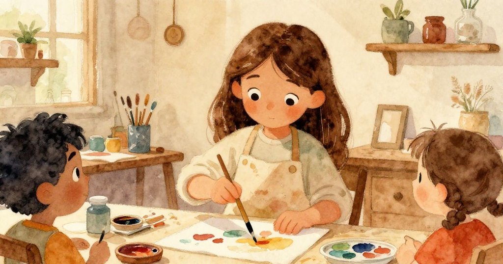 Elena mixing colors in her studio, warm light illuminating her work - watercolor illustration
