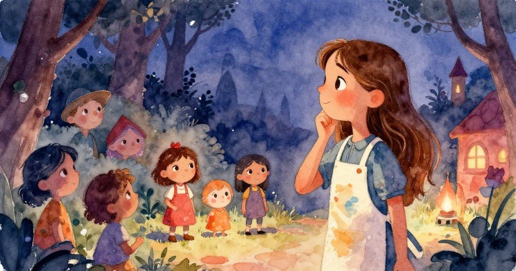 Elena admiring her vibrant portrait in the studio - watercolor illustration